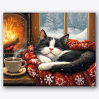 Paint by numbers design of cat, fireplace, crackling fire, red patterned blanket