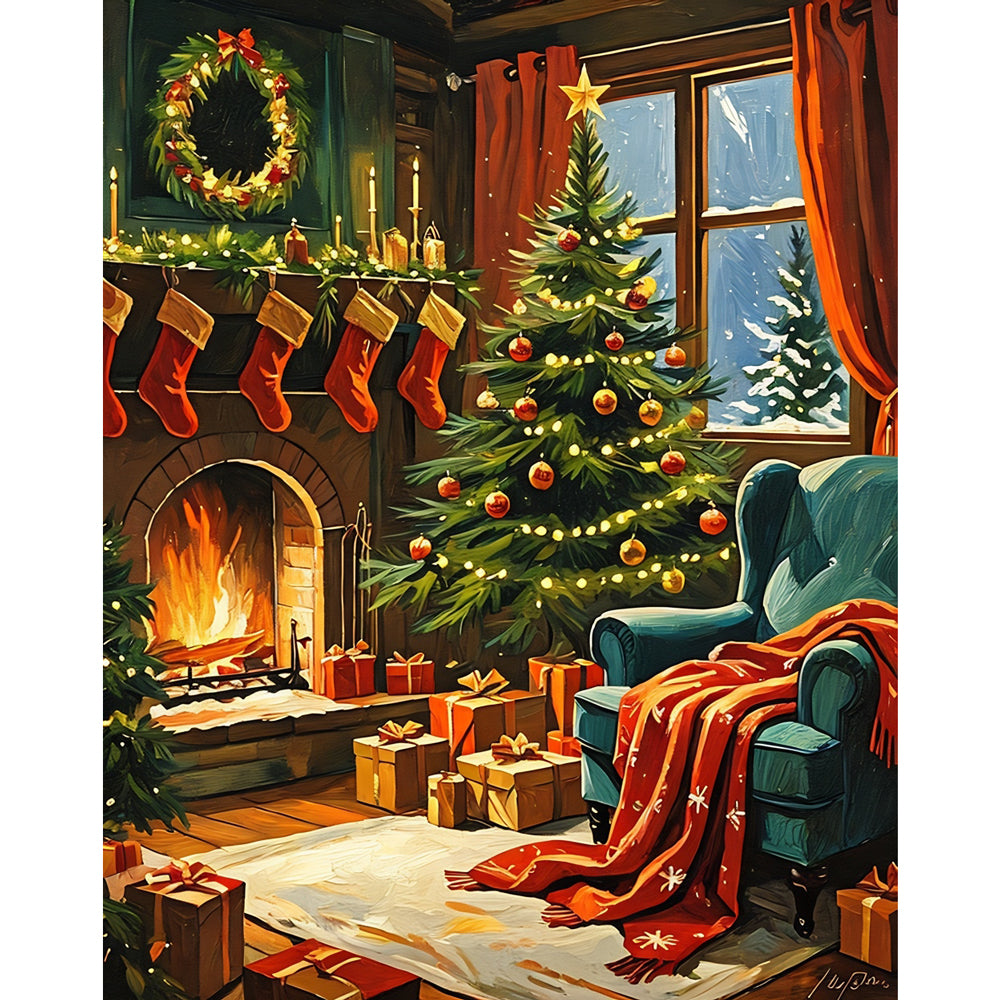 Warm Holiday Hearth Paint by Numbers Kit design preview showing the full artwork layout before painting