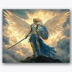 Paint by numbers design of winged warrior, rocky peak, gleaming armor details, majestic wingspan