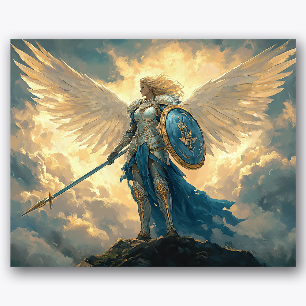 Paint by numbers design of winged warrior, rocky peak, gleaming armor details, majestic wingspan