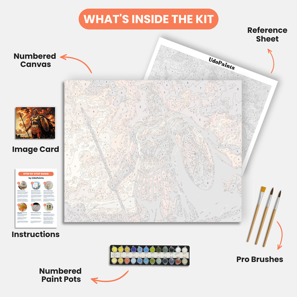 Warrior's Valor Paint by Numbers Kit – includes numbered canvas, paint pots, brushes, and instructions