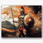 Paint by numbers design of warrior, battlefield, fiery orange sky, red draped cape