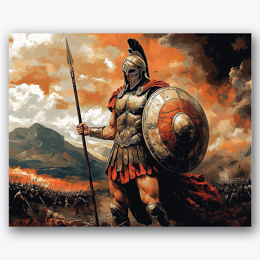Paint by numbers design of warrior, battlefield, fiery orange sky, red draped cape
