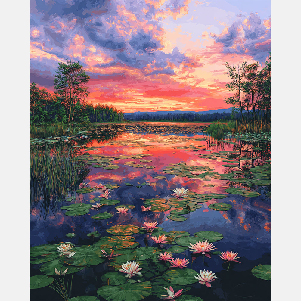 Water Lilies At Sunset Paint by Numbers Kit design preview showing the full artwork layout before painting