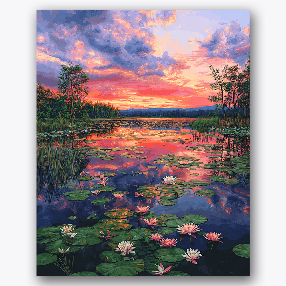 Paint by numbers design of water lilies, sunset sky, vibrant sunset sky, blooming water lilies