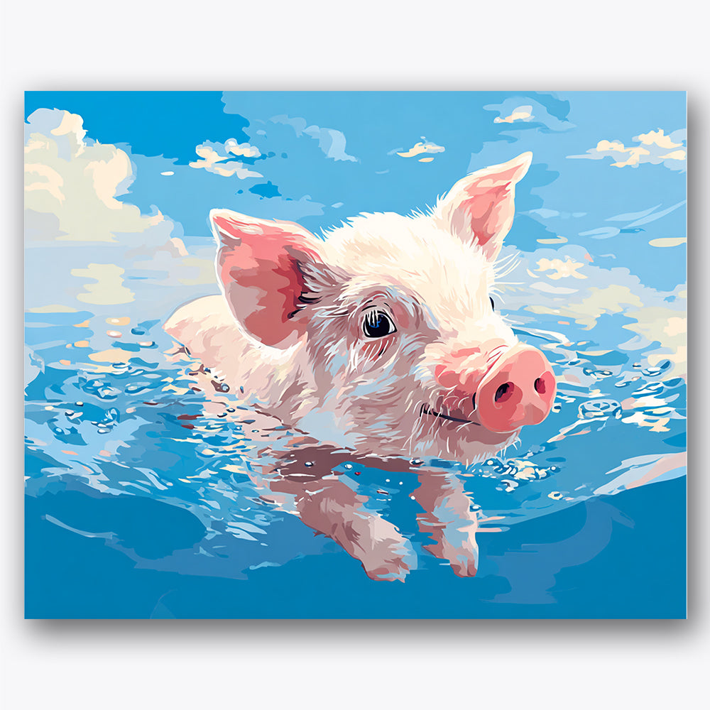 Paint by numbers design of piglet, water, piglet in water, ripples and reflections