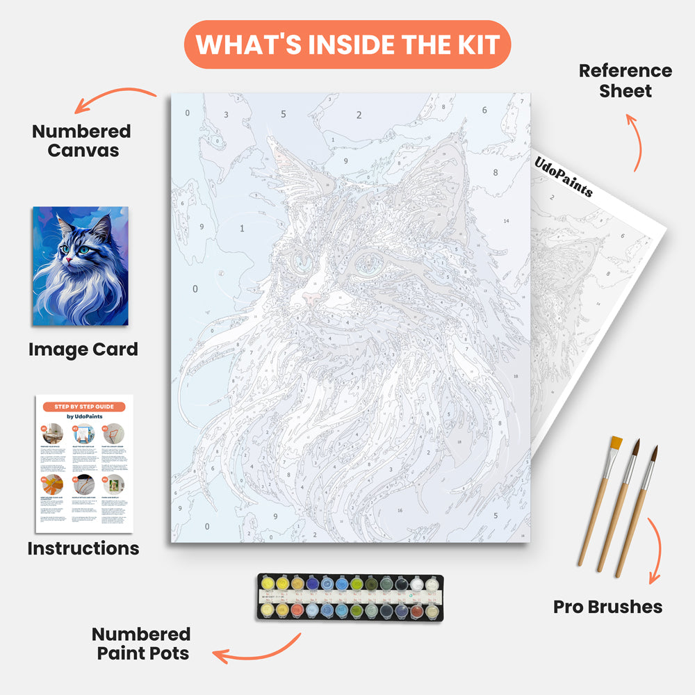 Whimsical Maine Coon Paint by Numbers Kit – includes numbered canvas, paint pots, brushes, and instructions