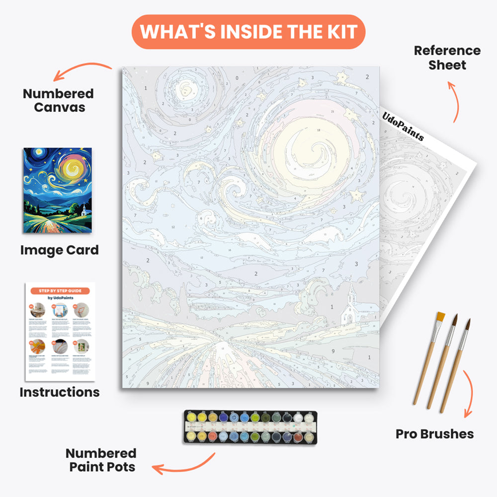 Whimsical Nightscape Paint by Numbers Kit – includes numbered canvas, paint pots, brushes, and instructions