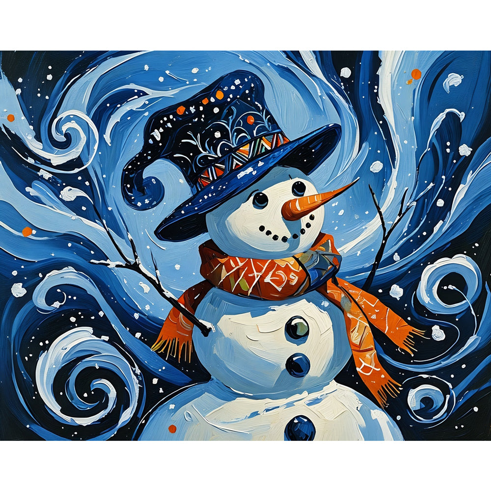 Whimsical Snowman Paint by Numbers Kit design preview showing the full artwork layout before painting