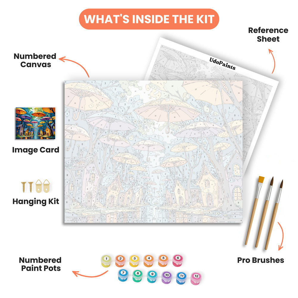Whimsical Umbrellas Paint by Numbers Kit – includes numbered canvas, paint pots, brushes, and instructions