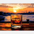 Whiskey Sunset View Paint by Numbers Kit design preview showing the full artwork layout before painting