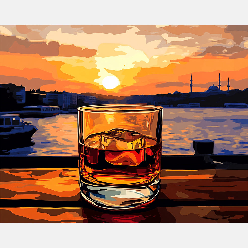 Whiskey Sunset View Paint by Numbers Kit design preview showing the full artwork layout before painting