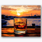 Paint by numbers design of whiskey glass, sunset river, vibrant sunset sky, reflective whiskey glass