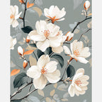 White Magnolia Blooms Paint by Numbers Kit design preview showing the full artwork layout before painting