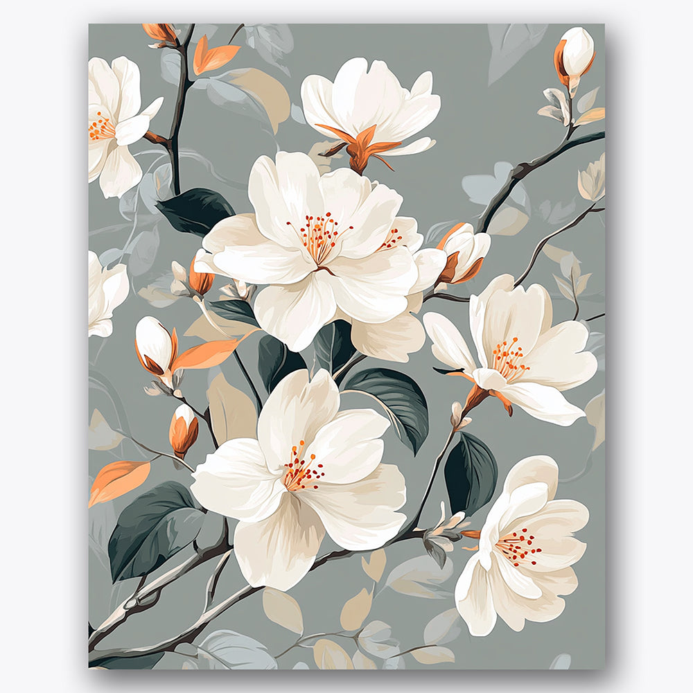 Paint by numbers design of magnolia blossoms, branches, white magnolia flowers, orange flower centers