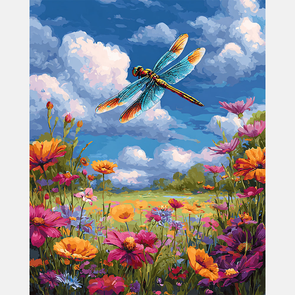 Wildflower Dragonfly Dance Paint by Numbers Kit design preview showing the full artwork layout before painting