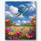 Paint by numbers design of dragonfly, wildflowers, colorful wildflower meadow, vibrant dragonfly wings