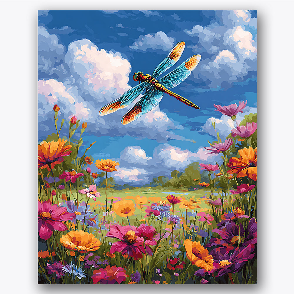 Paint by numbers design of dragonfly, wildflowers, colorful wildflower meadow, vibrant dragonfly wings