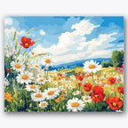 Paint by numbers design of wildflowers, blue sky, red poppies and white daisies, vibrant blue sky