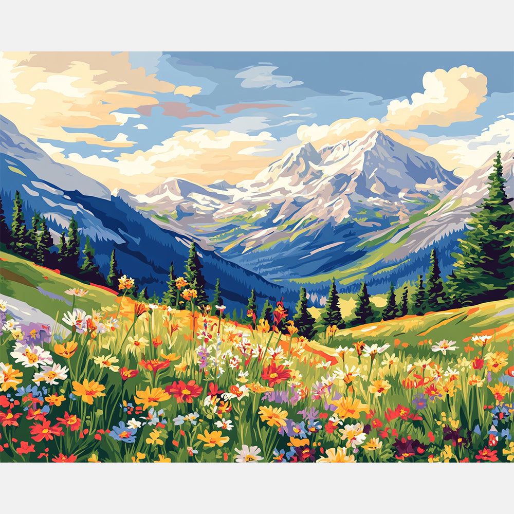 Wildflowers Among Peaks Paint by Numbers Kit design preview showing the full artwork layout before painting