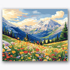 Paint by numbers design of wildflowers, mountains, vibrant wildflowers, snowy mountain peaks
