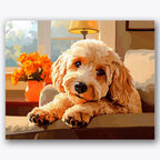 Paint by numbers design of cockapoo, orange flowers, cockapoo on sofa, orange flower vase
