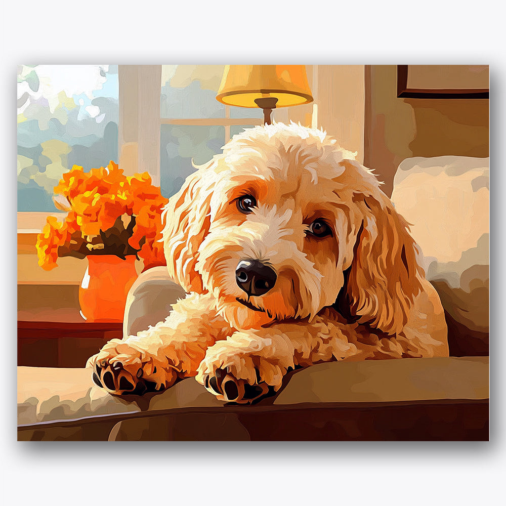 Paint by numbers design of cockapoo, orange flowers, cockapoo on sofa, orange flower vase