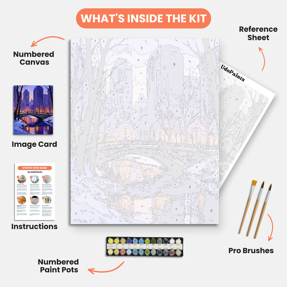 Winter Bridge Serenity Paint by Numbers Kit – includes numbered canvas, paint pots, brushes, and instructions