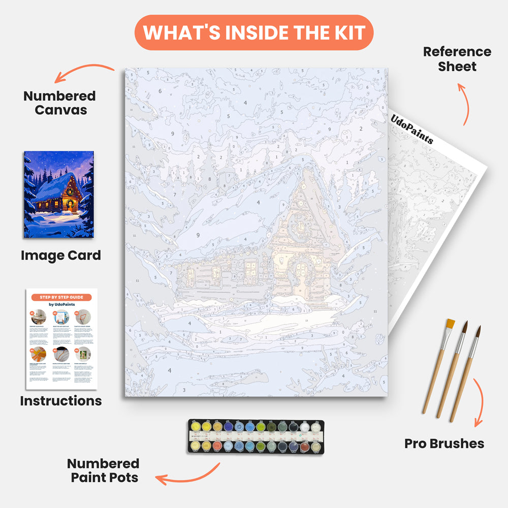 Winter Retreat Paint by Numbers Kit – includes numbered canvas, paint pots, brushes, and instructions
