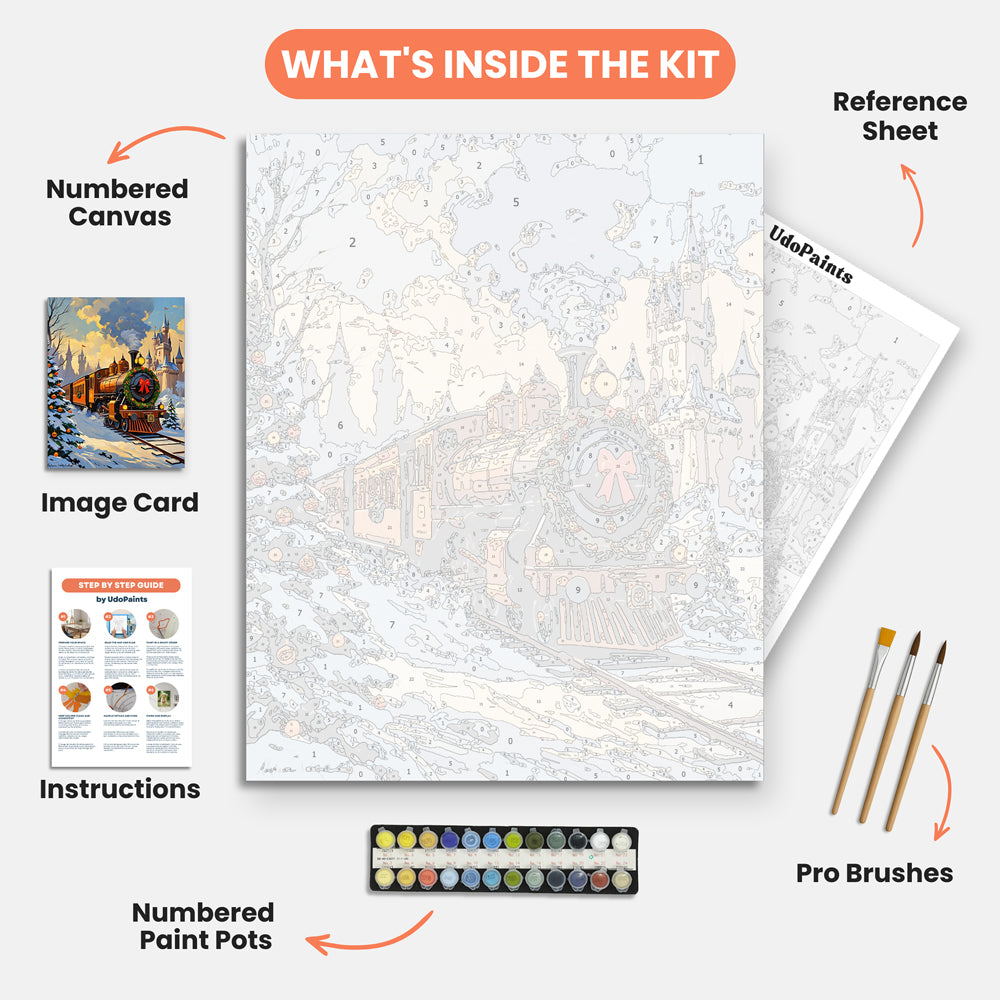 Winter Train Journey Paint by Numbers Kit – includes numbered canvas, paint pots, brushes, and instructions