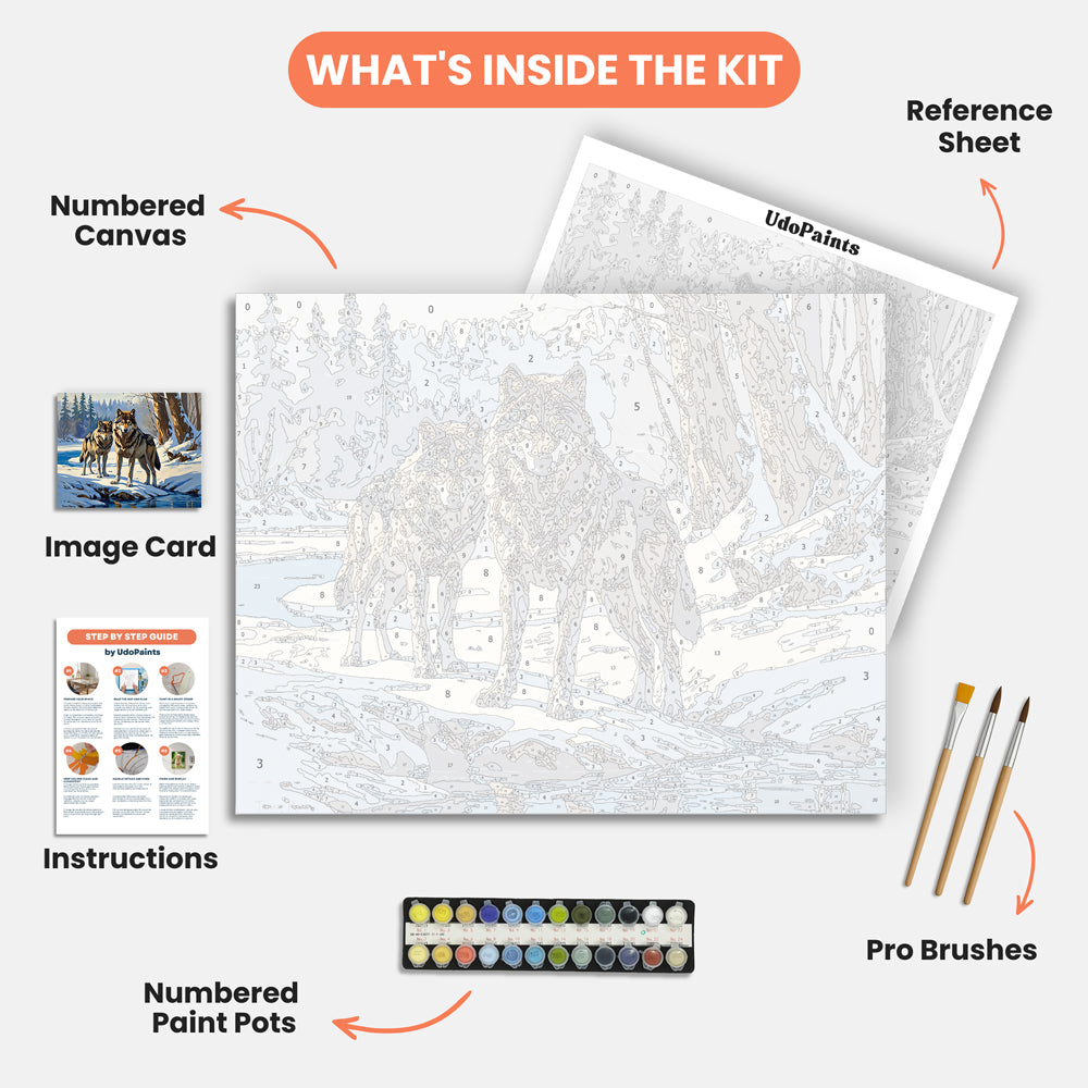 Winter Wolves Paint by Numbers Kit – includes numbered canvas, paint pots, brushes, and instructions