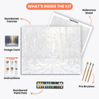 Winter Birch Grove Paint by Numbers Kit – includes numbered canvas, paint pots, brushes, and instructions