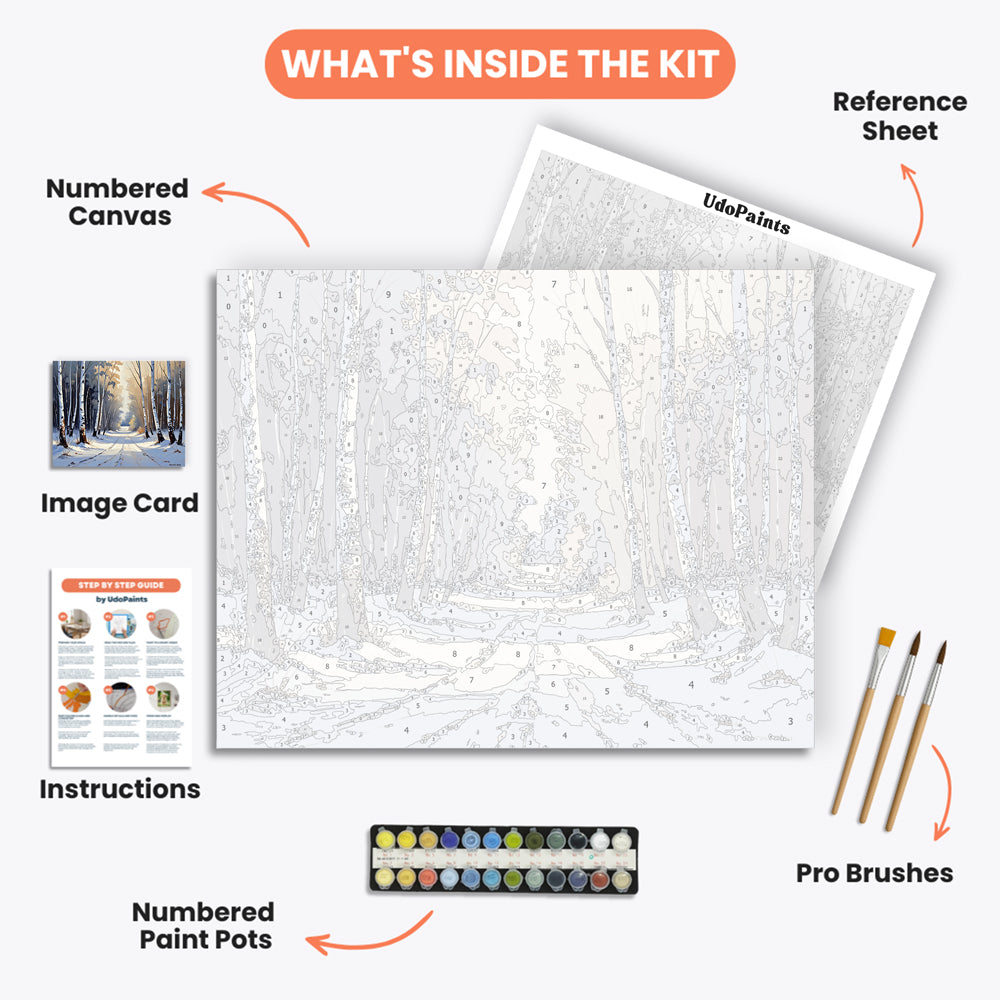 Winter Birch Grove Paint by Numbers Kit – includes numbered canvas, paint pots, brushes, and instructions