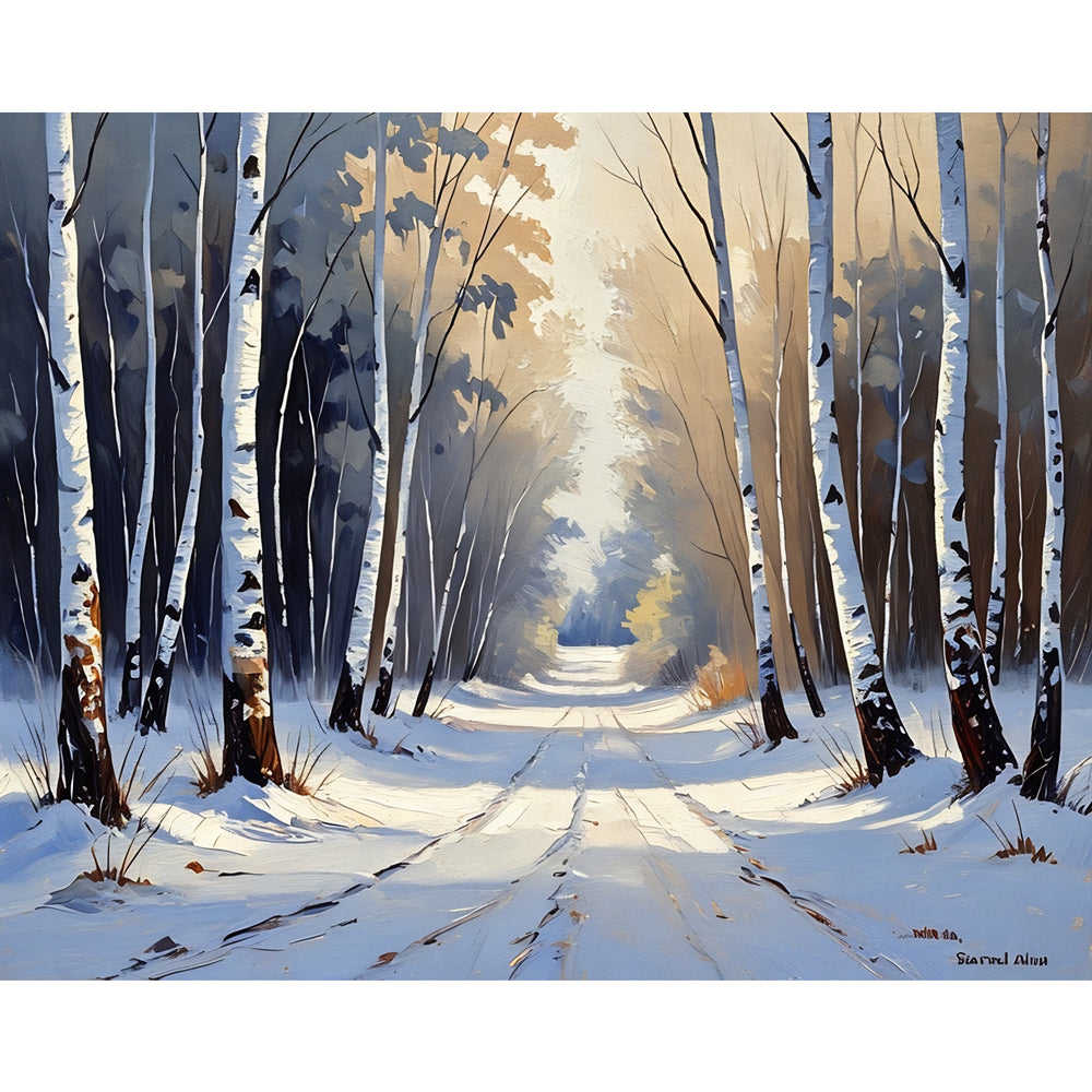 Winter Birch Grove Paint by Numbers Kit design preview showing the full artwork layout before painting