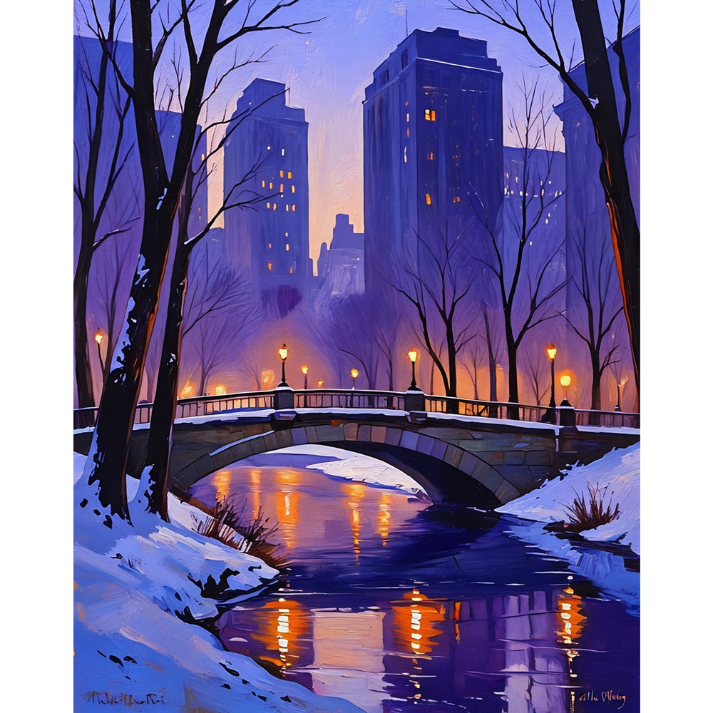 Winter Bridge Serenity Paint by Numbers Kit design preview showing the full artwork layout before painting