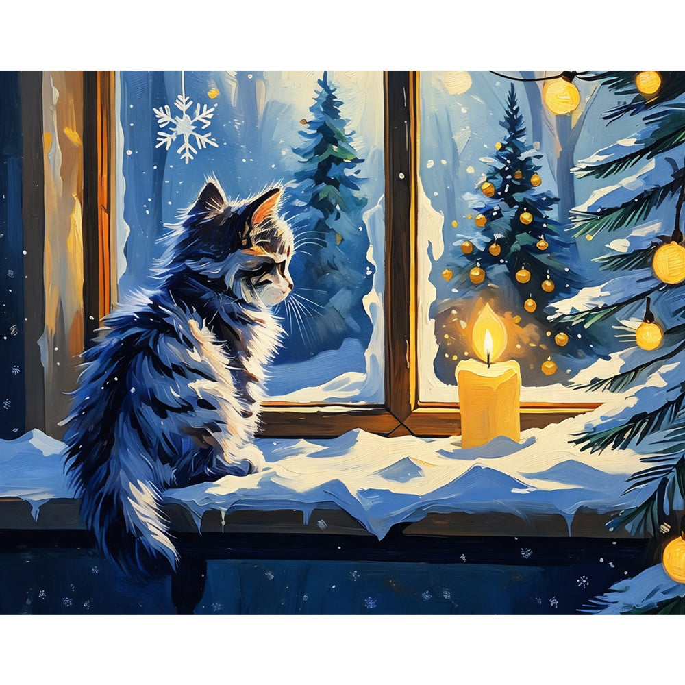 Winter Cat Reflection Paint by Numbers Kit design preview showing the full artwork layout before painting