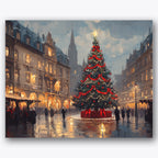 Paint by numbers design of Christmas tree, city square, towering tree, red ribbons