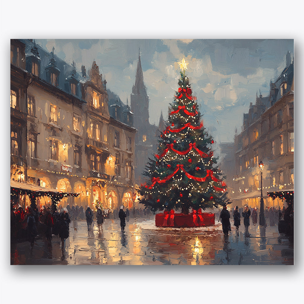 Paint by numbers design of Christmas tree, city square, towering tree, red ribbons