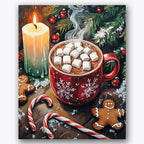 Paint by numbers design of hot cocoa, gingerbread cookies, red snowflake mug, candy canes on table