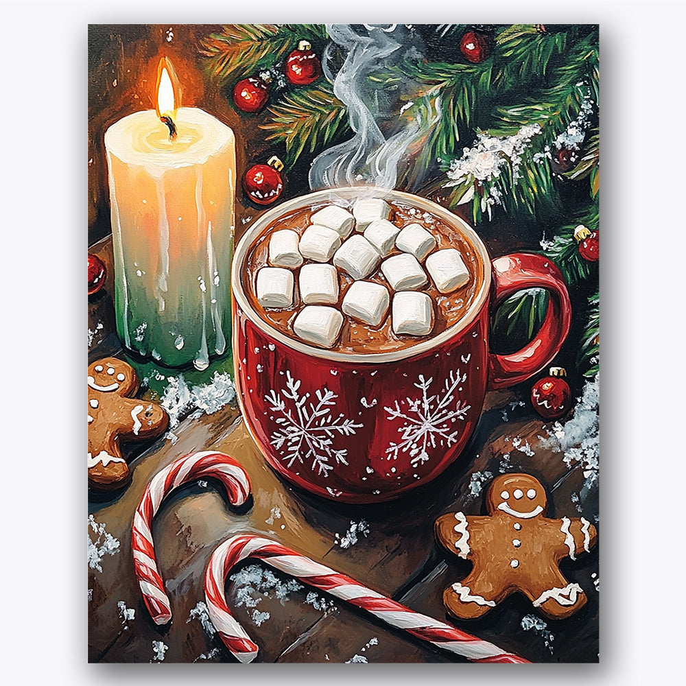 Paint by numbers design of hot cocoa, gingerbread cookies, red snowflake mug, candy canes on table