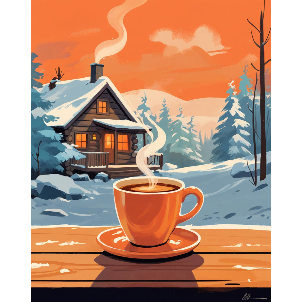 Winter Coffee Retreat Paint by Numbers Kit design preview showing the full artwork layout before painting