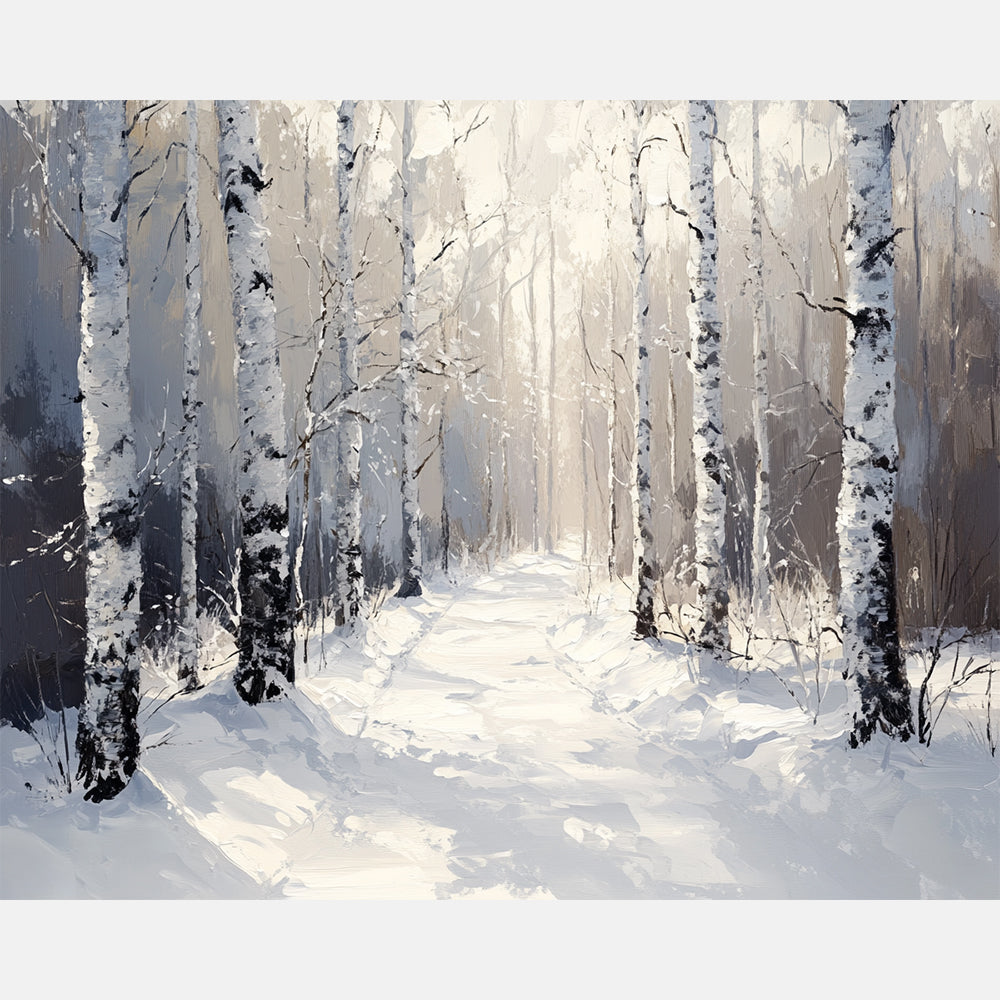 Winter Glade Birch Paint by Numbers Kit design preview showing the full artwork layout before painting