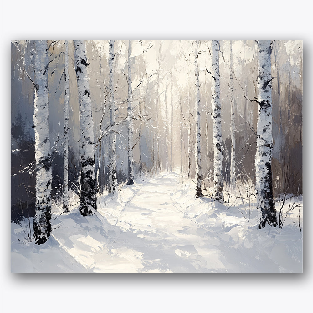 Paint by numbers design of birch trees, snow, tall birch trees, snow-covered path