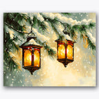Paint by numbers design of lanterns, pine branches, glowing lanterns, snow-covered branches