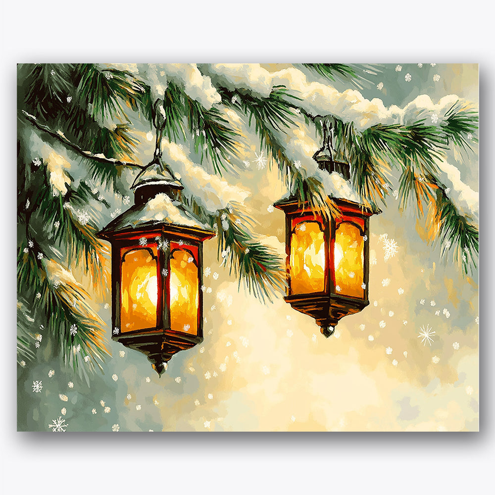 Paint by numbers design of lanterns, pine branches, glowing lanterns, snow-covered branches