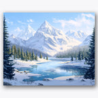Paint by numbers design of winter landscape, snow-capped mountains, snow-capped peaks, frozen reflective lake