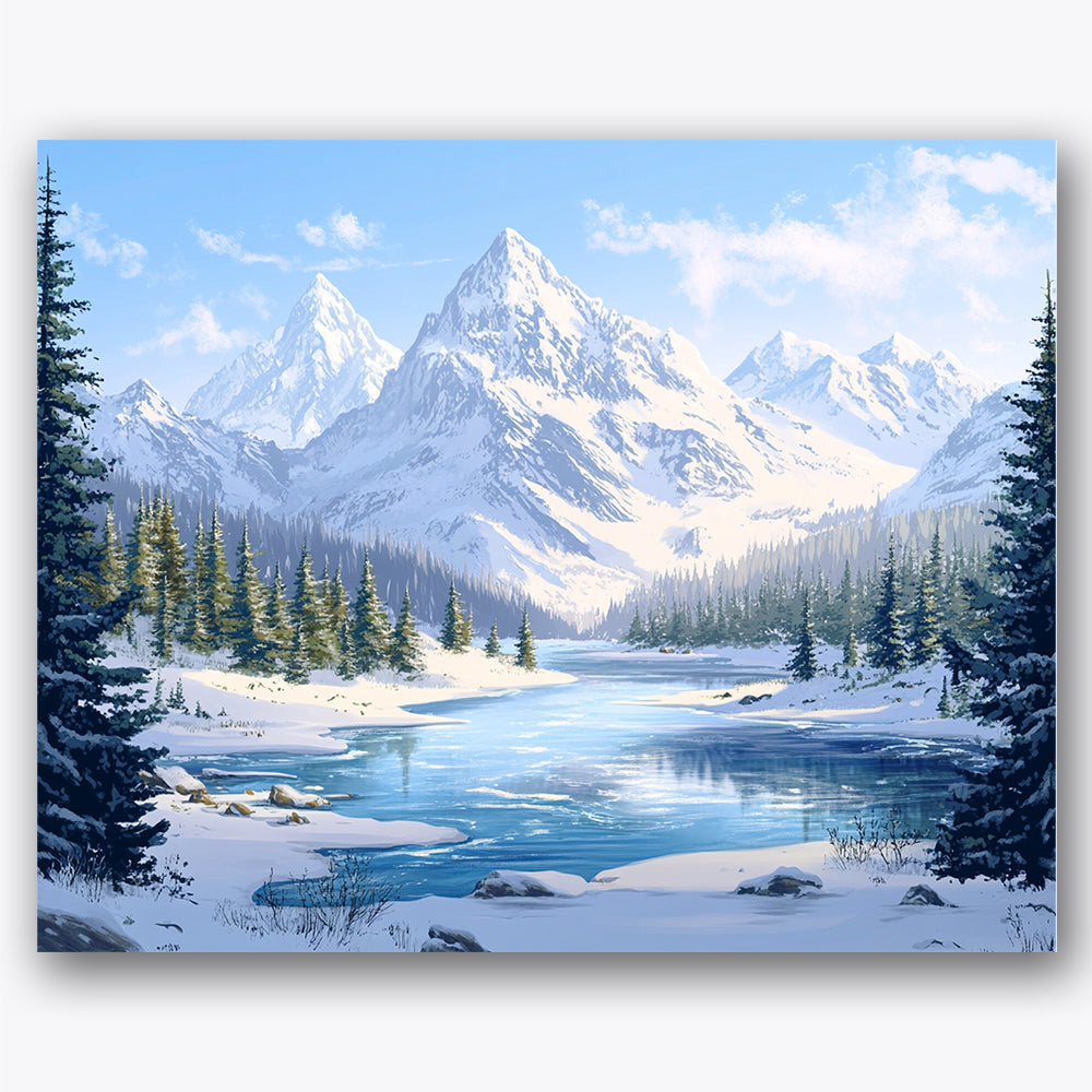 Paint by numbers design of winter landscape, snow-capped mountains, snow-capped peaks, frozen reflective lake
