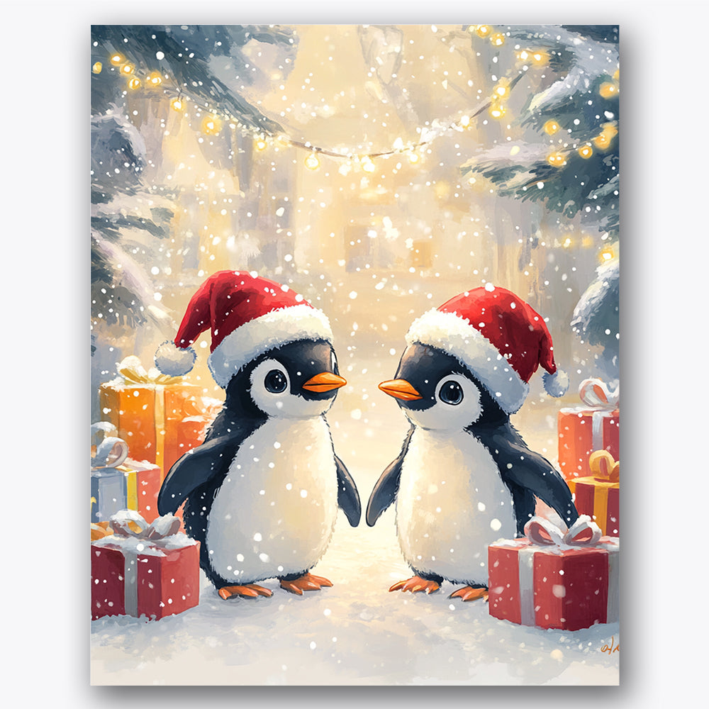 Paint by numbers design of penguins, Santa hats, penguins in Santa hats, colorful gift boxes