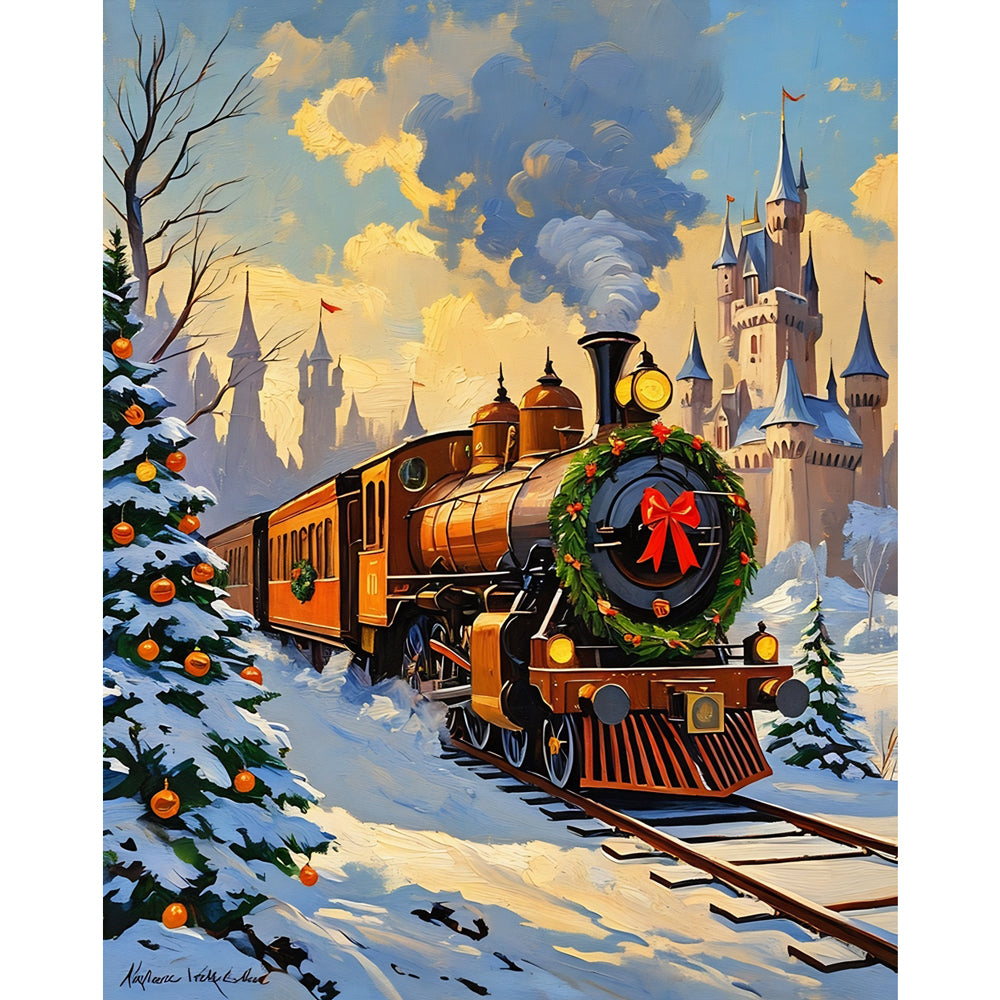 Winter Train Journey Paint by Numbers Kit design preview showing the full artwork layout before painting