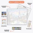 Winter Village Paint by Numbers Kit – includes numbered canvas, paint pots, brushes, and instructions